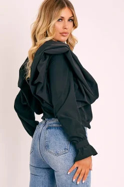 Rebellious Fashion Black Full Length Ruffle Sleeve Shirt - Keisha