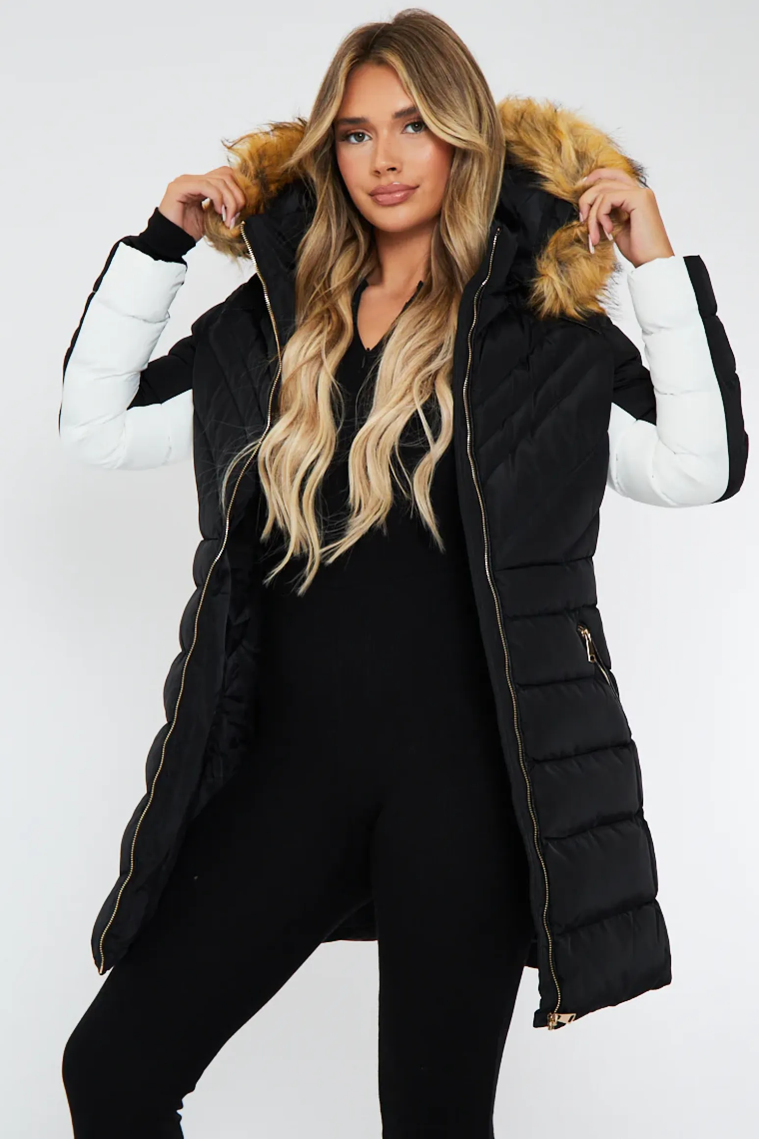 Rebellious Fashion Black Fur Hood Contrast Panel Puffer Coat - Chelsie