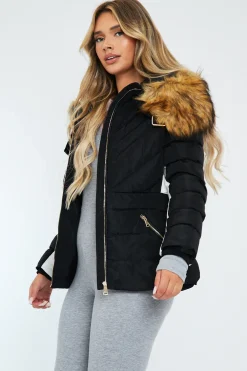Rebellious Fashion Black Fur Hood Contrast Panel Puffer Jacket - Marloe