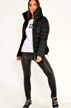Rebellious Fashion Black Fur Lined Ring Pull Puffer Coat - Riko