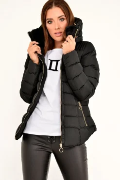 Rebellious Fashion Black Fur Lined Ring Pull Puffer Coat - Riko