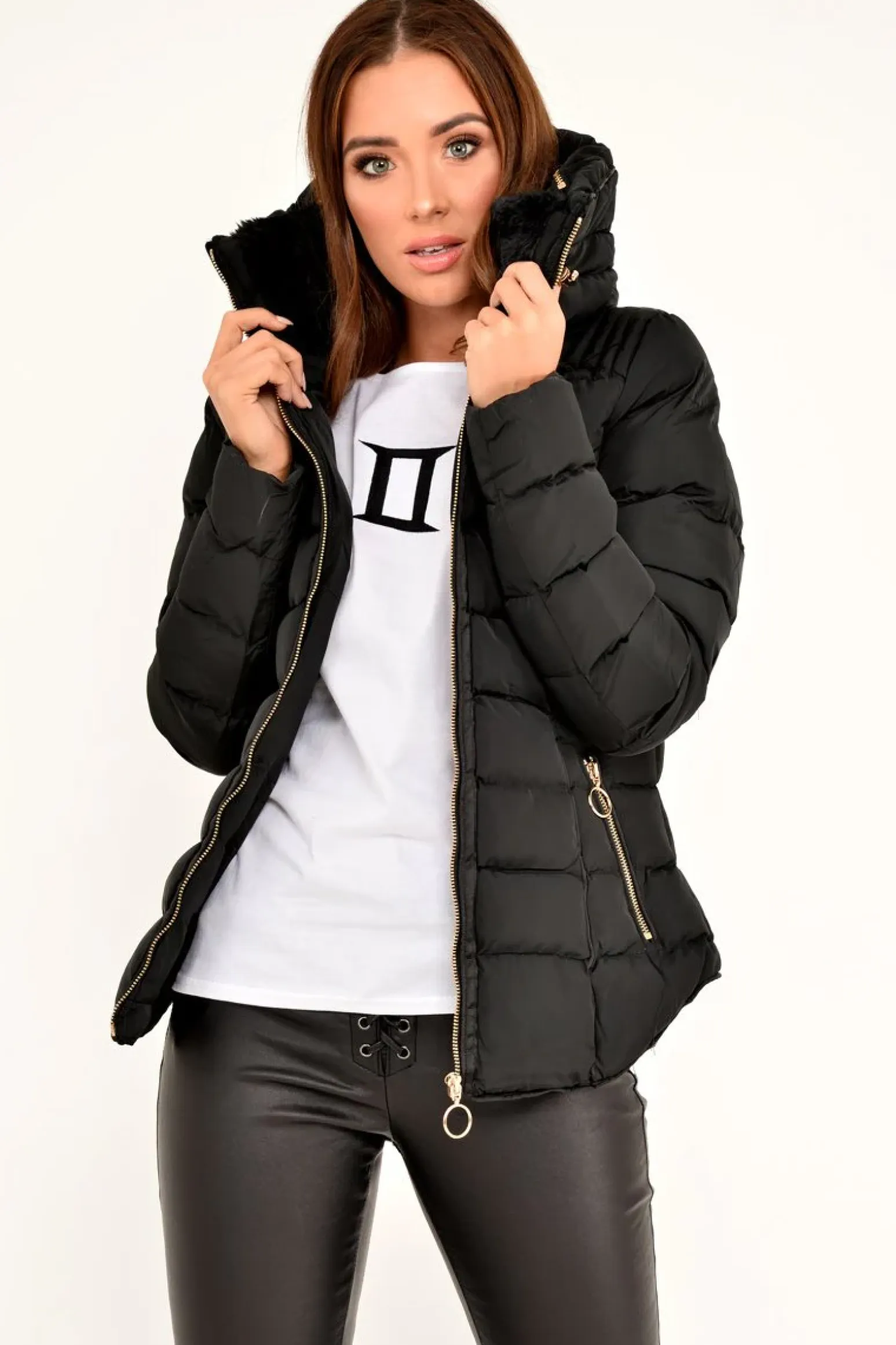 Rebellious Fashion Black Fur Lined Ring Pull Puffer Coat - Riko