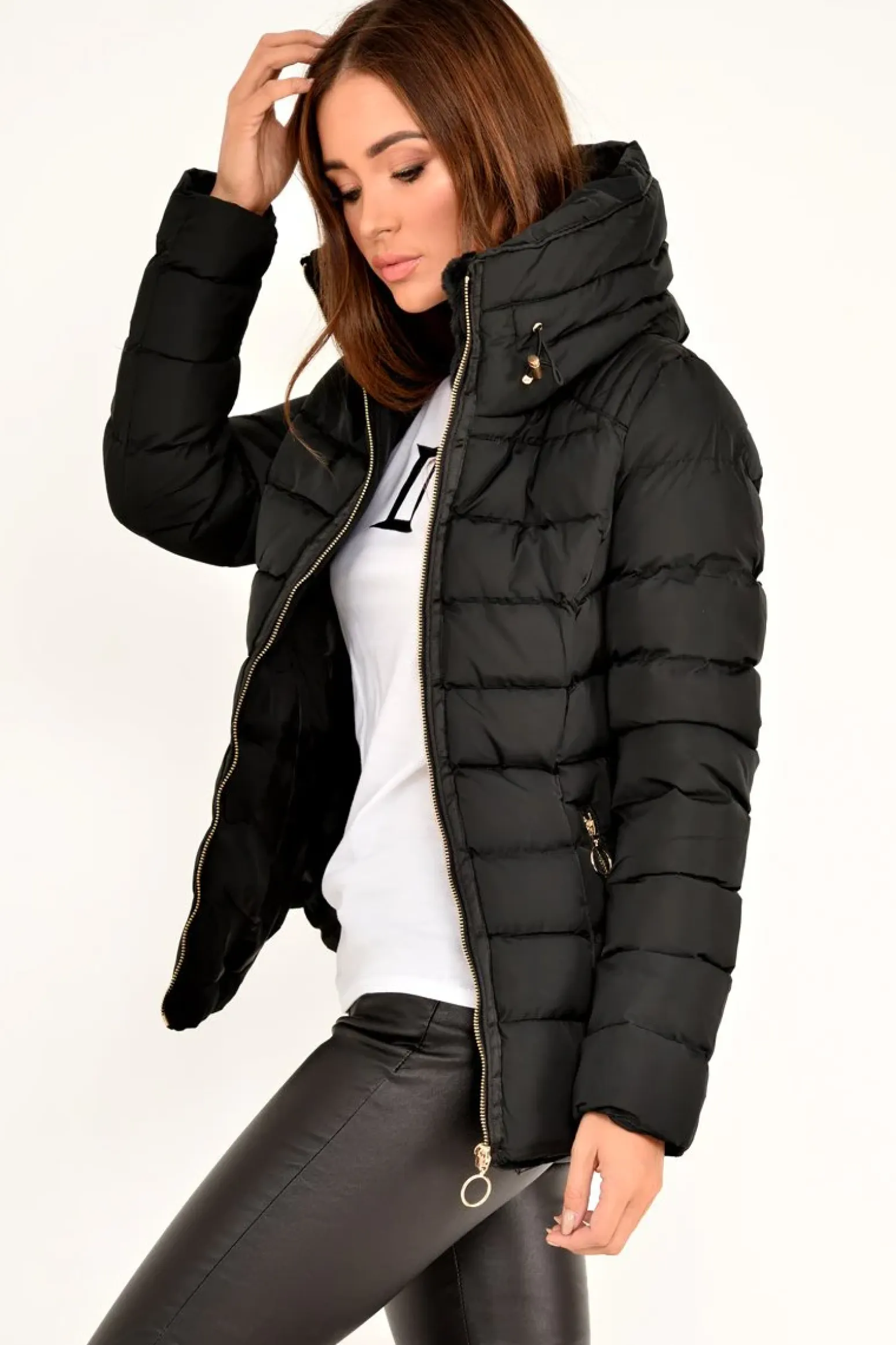 Rebellious Fashion Black Fur Lined Ring Pull Puffer Coat - Riko