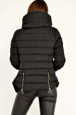 Rebellious Fashion Black Fur Lined Ring Pull Puffer Coat - Riko