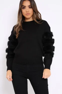 Rebellious Fashion Black Fur Sleeve Knitted Jumper - Courtnie