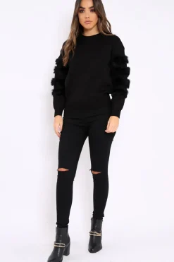 Rebellious Fashion Black Fur Sleeve Knitted Jumper - Courtnie
