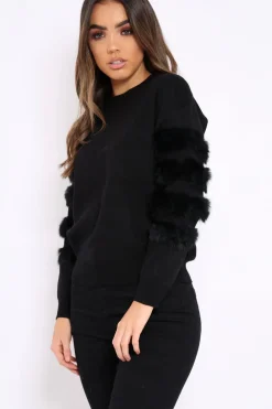 Rebellious Fashion Black Fur Sleeve Knitted Jumper - Courtnie