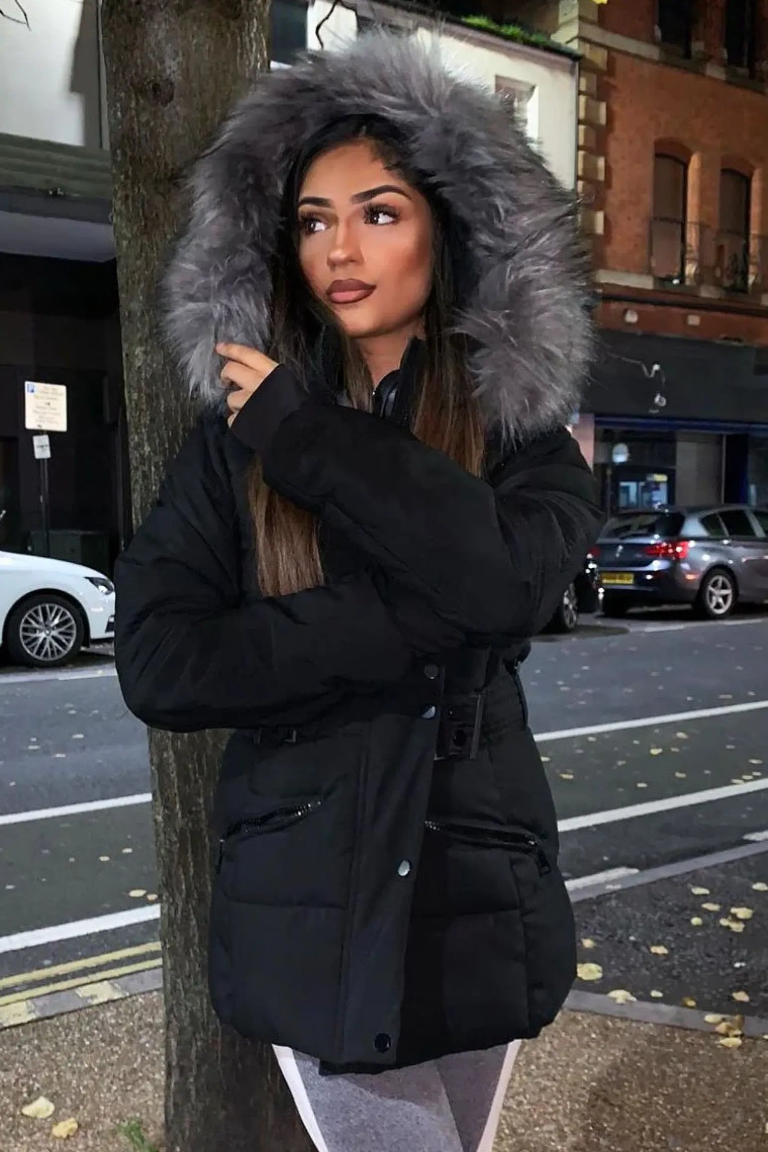 Rebellious Fashion Black Fur Trim Adjustable Waist Puffer Coat - Rossie