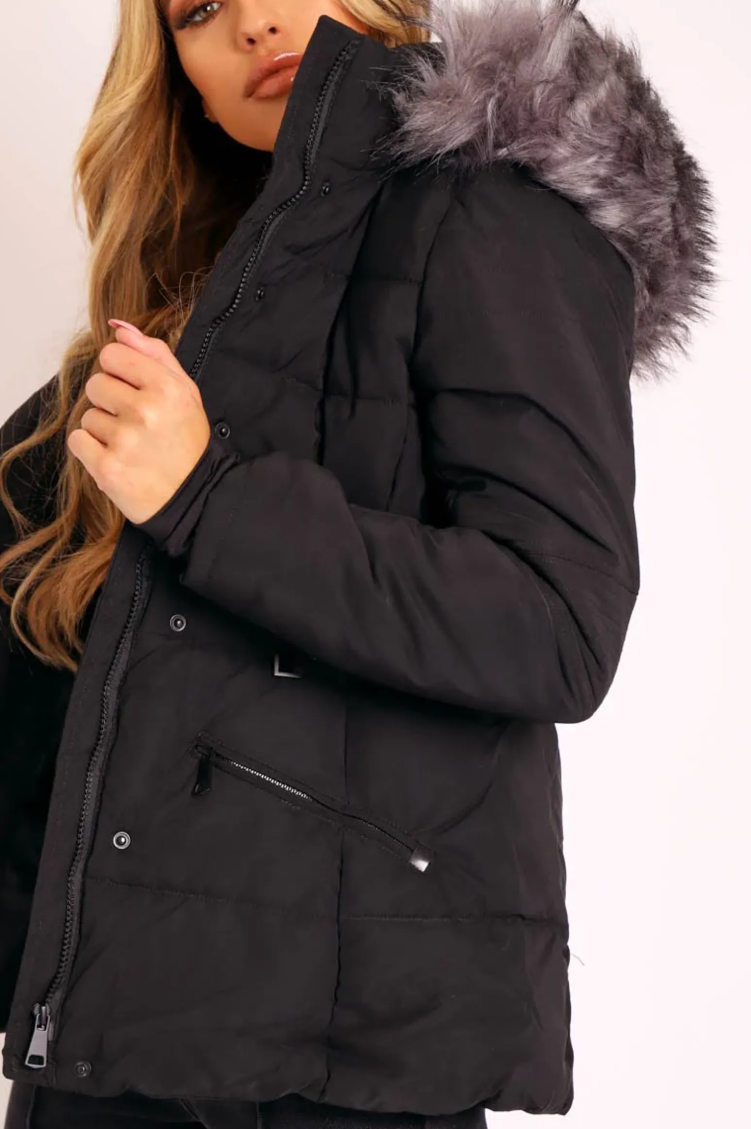 Rebellious Fashion Black Fur Trim Adjustable Waist Puffer Coat - Rossie