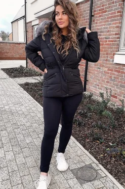 Rebellious Fashion Black Fur Trim Adjustable Waist Puffer Coat - Rossie