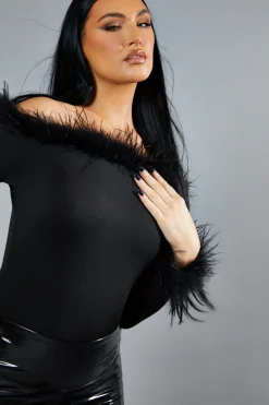 Rebellious Fashion Black Fur Trim Bardot Bodysuit - Monalisa