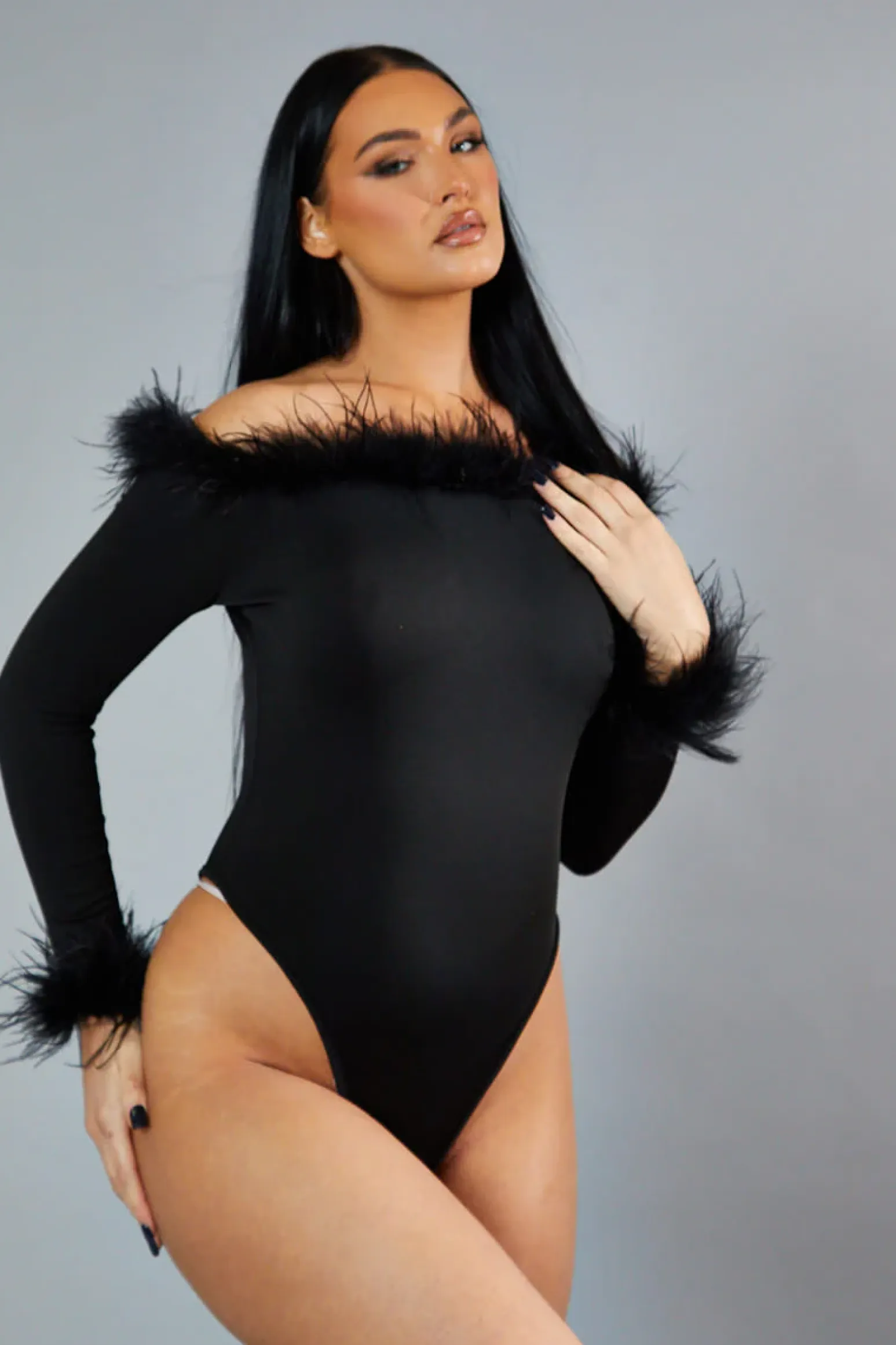 Rebellious Fashion Black Fur Trim Bardot Bodysuit - Monalisa