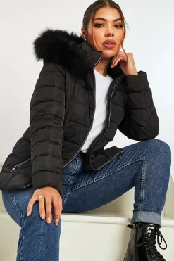 Rebellious Fashion Black Fur Trim Hood Puffer Coat - Reva