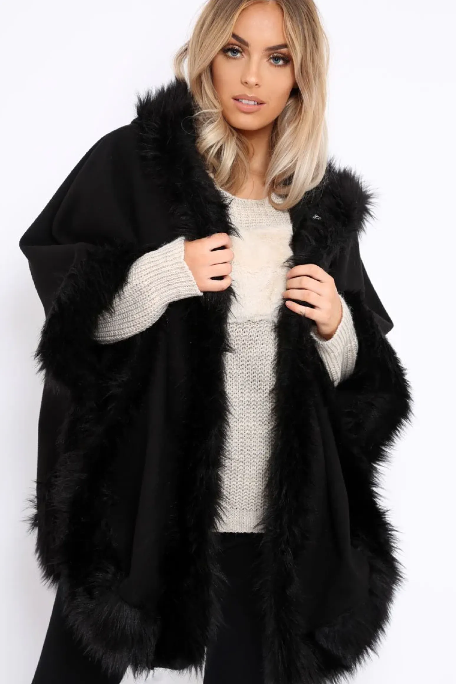 Rebellious Fashion Black Fur Trim Poncho - Autumn