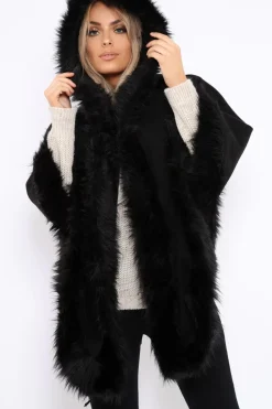 Rebellious Fashion Black Fur Trim Poncho - Autumn