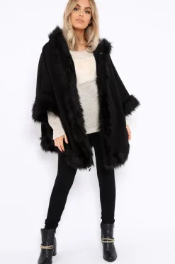 Rebellious Fashion Black Fur Trim Poncho - Autumn