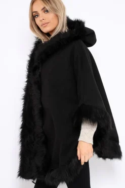 Rebellious Fashion Black Fur Trim Poncho - Autumn