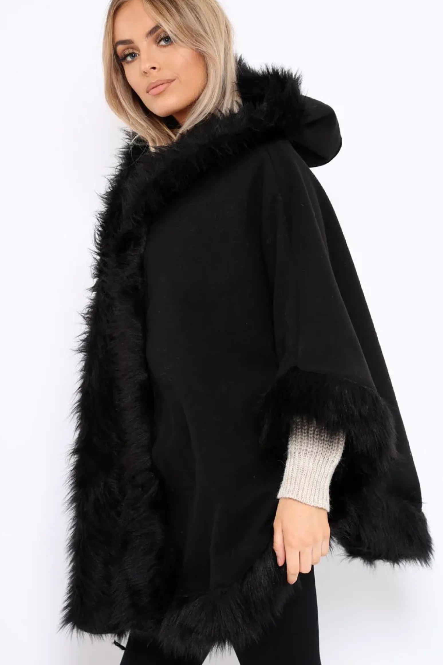 Rebellious Fashion Black Fur Trim Poncho - Autumn