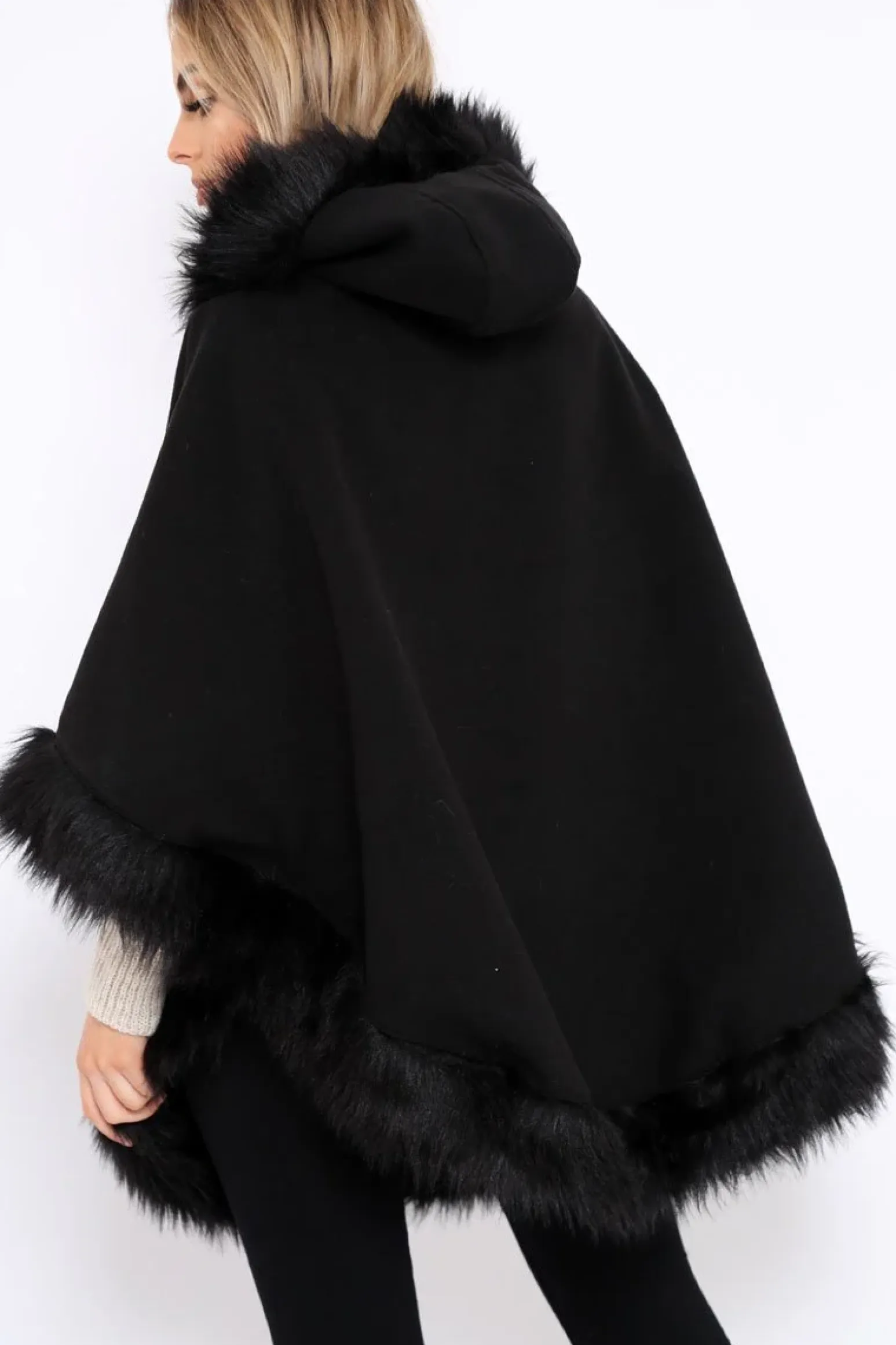 Rebellious Fashion Black Fur Trim Poncho - Autumn