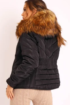 Rebellious Fashion Black Fur Trim Quilted Puffer Coat - Lania