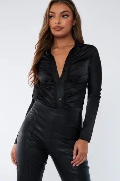 Rebellious Fashion Black Gathered Front Satin Shirt Bodysuit - Lucia