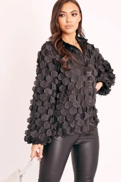 Rebellious Fashion Black Geometric Applique Button Front Shirt - Bostyn
