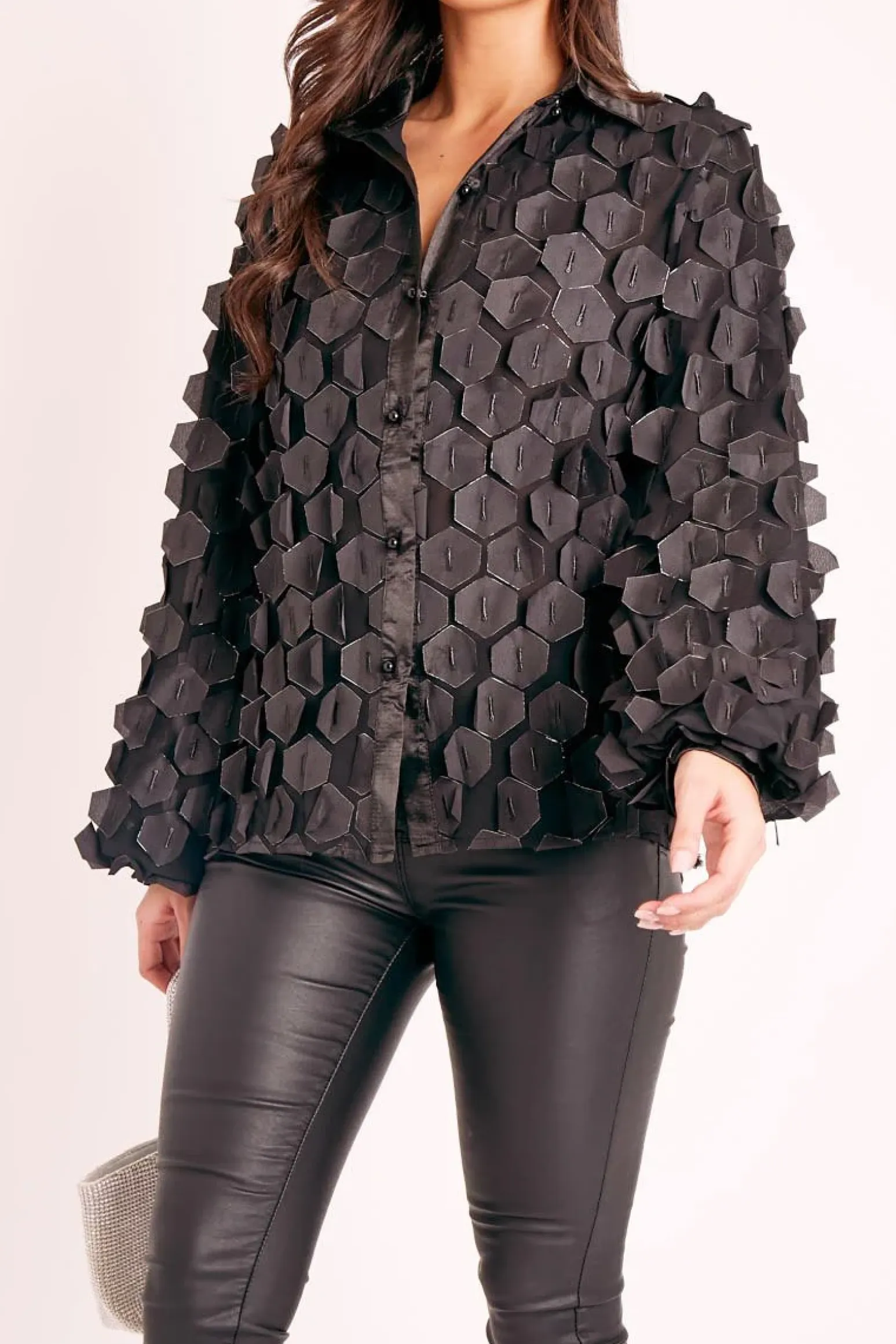 Rebellious Fashion Black Geometric Applique Button Front Shirt - Bostyn