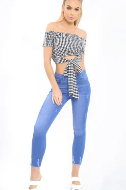 Rebellious Fashion Black Gingham Bardot Wrap Around Crop Top - Rozanne