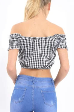 Rebellious Fashion Black Gingham Bardot Wrap Around Crop Top - Rozanne