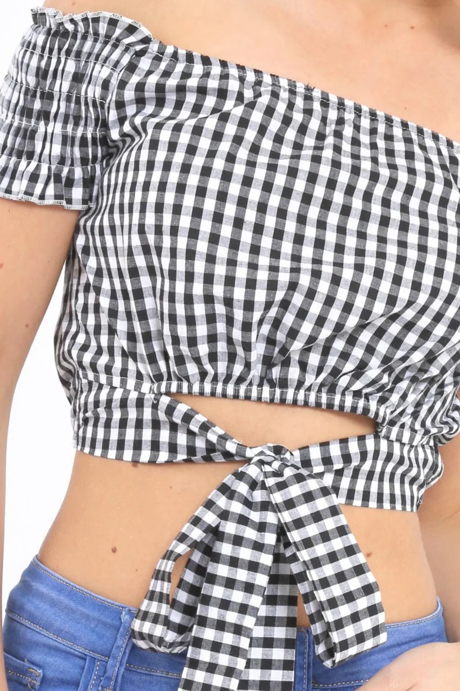 Rebellious Fashion Black Gingham Bardot Wrap Around Crop Top - Rozanne