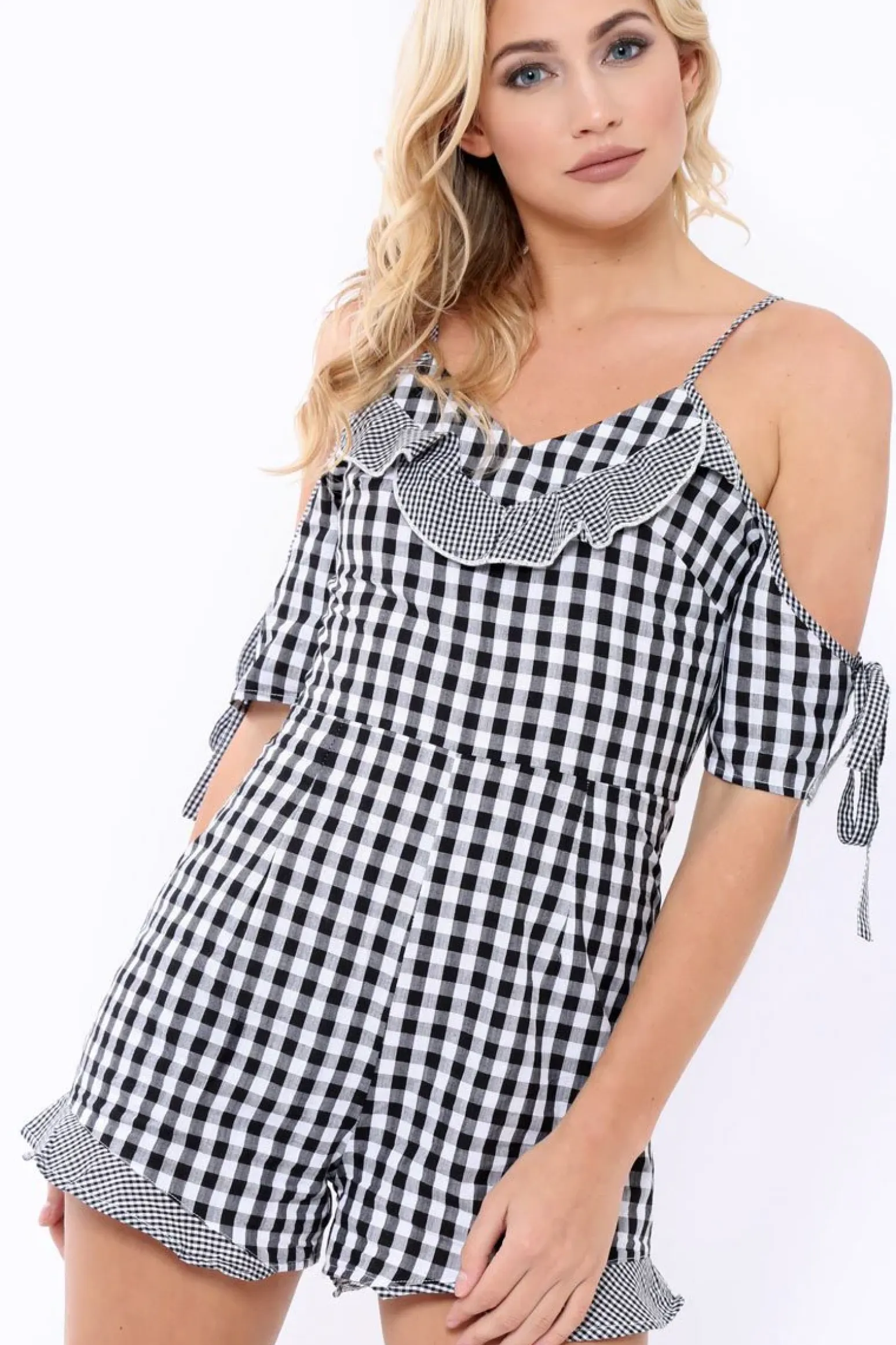 Rebellious Fashion Black Gingham Cold Shoulder Playsuit - Lorinda