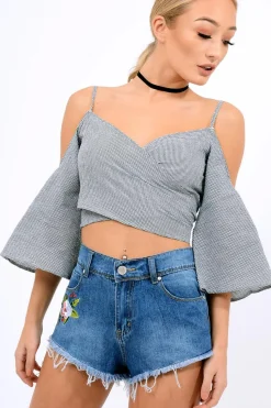 Rebellious Fashion Black Gingham Cold Shouler Tie Back Crop Top - Leela