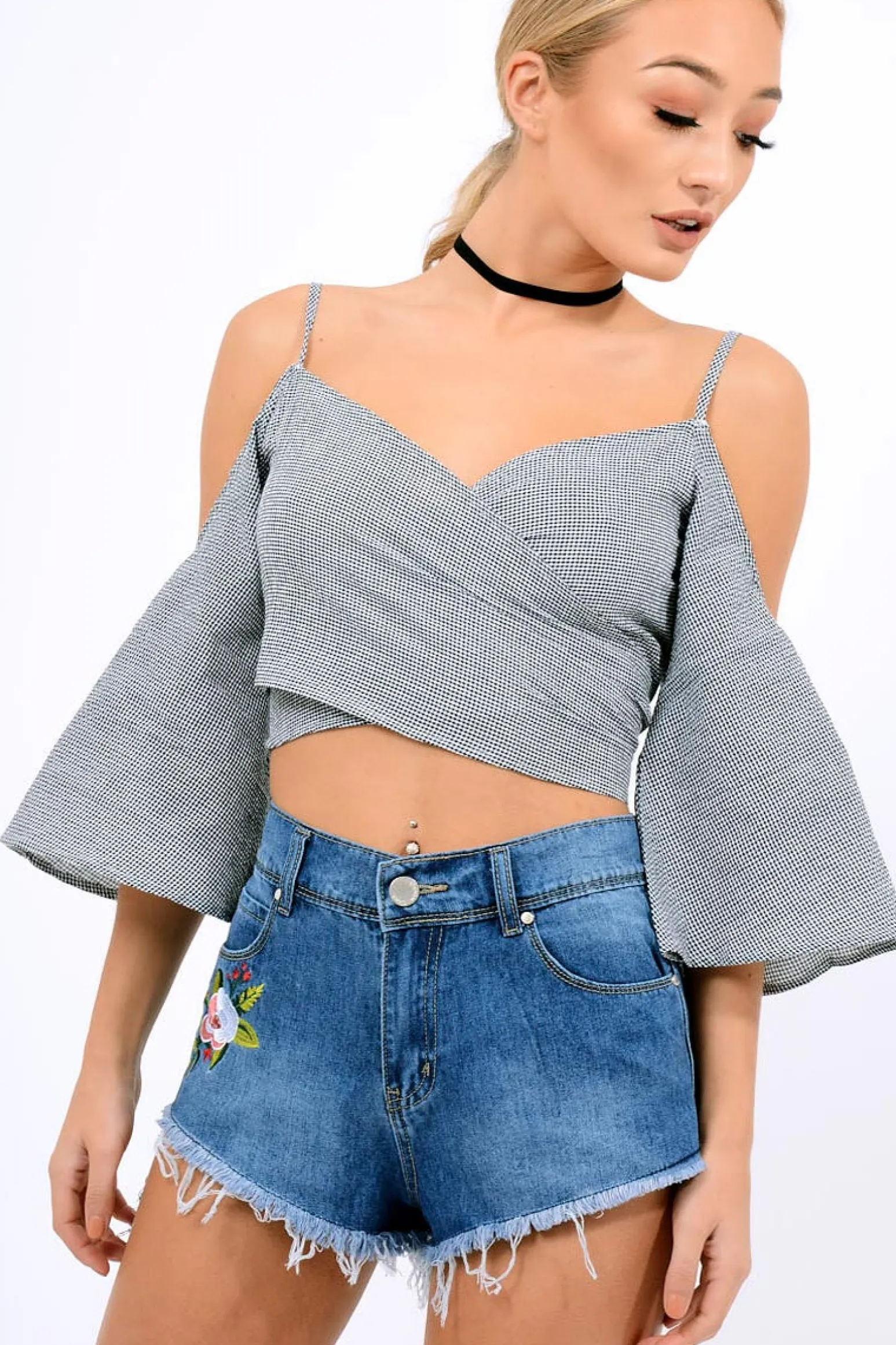 Rebellious Fashion Black Gingham Cold Shouler Tie Back Crop Top - Leela