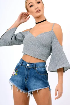 Rebellious Fashion Black Gingham Cold Shouler Tie Back Crop Top - Leela