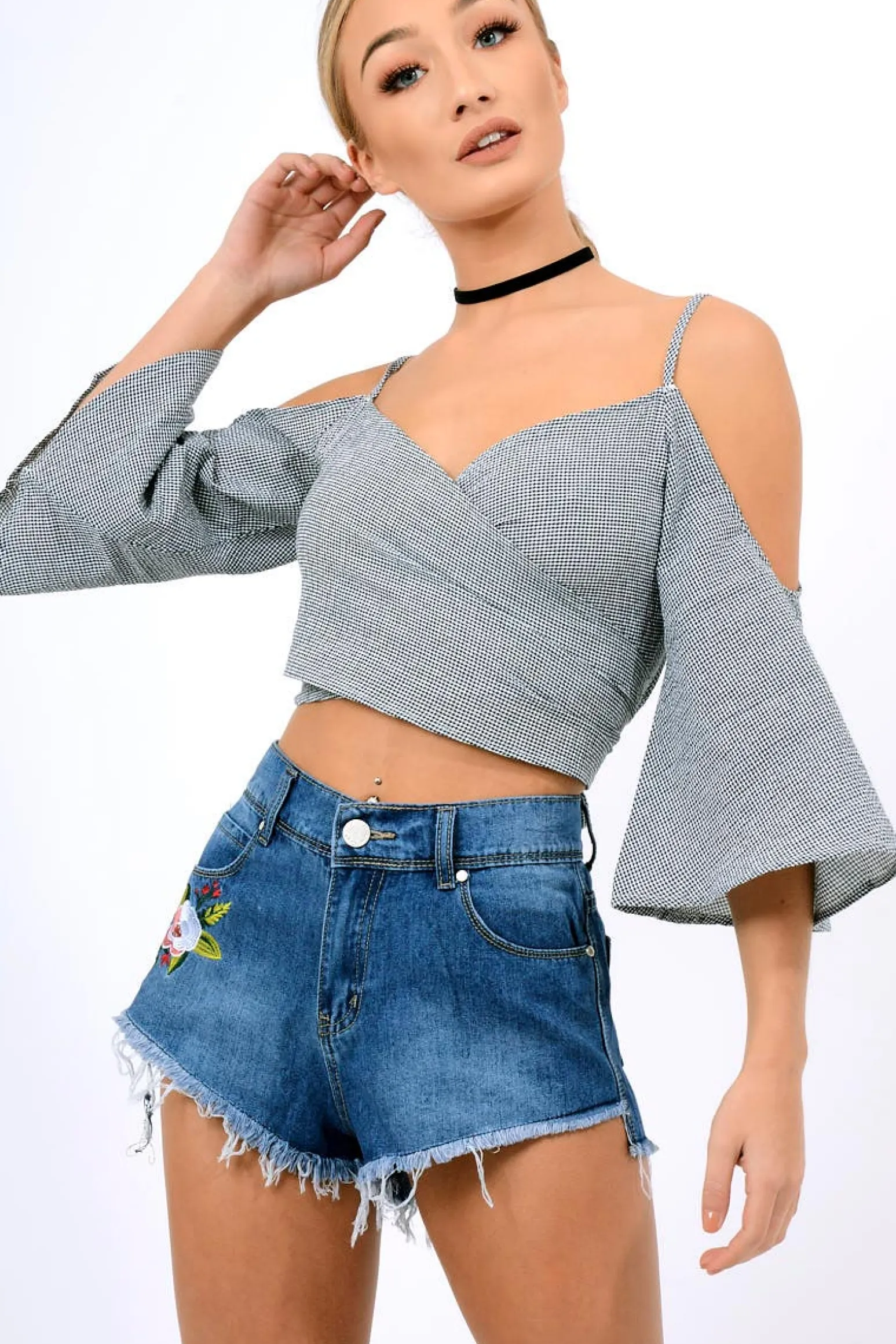 Rebellious Fashion Black Gingham Cold Shouler Tie Back Crop Top - Leela