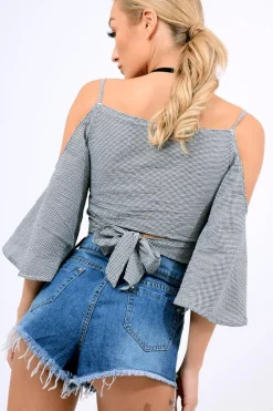 Rebellious Fashion Black Gingham Cold Shouler Tie Back Crop Top - Leela