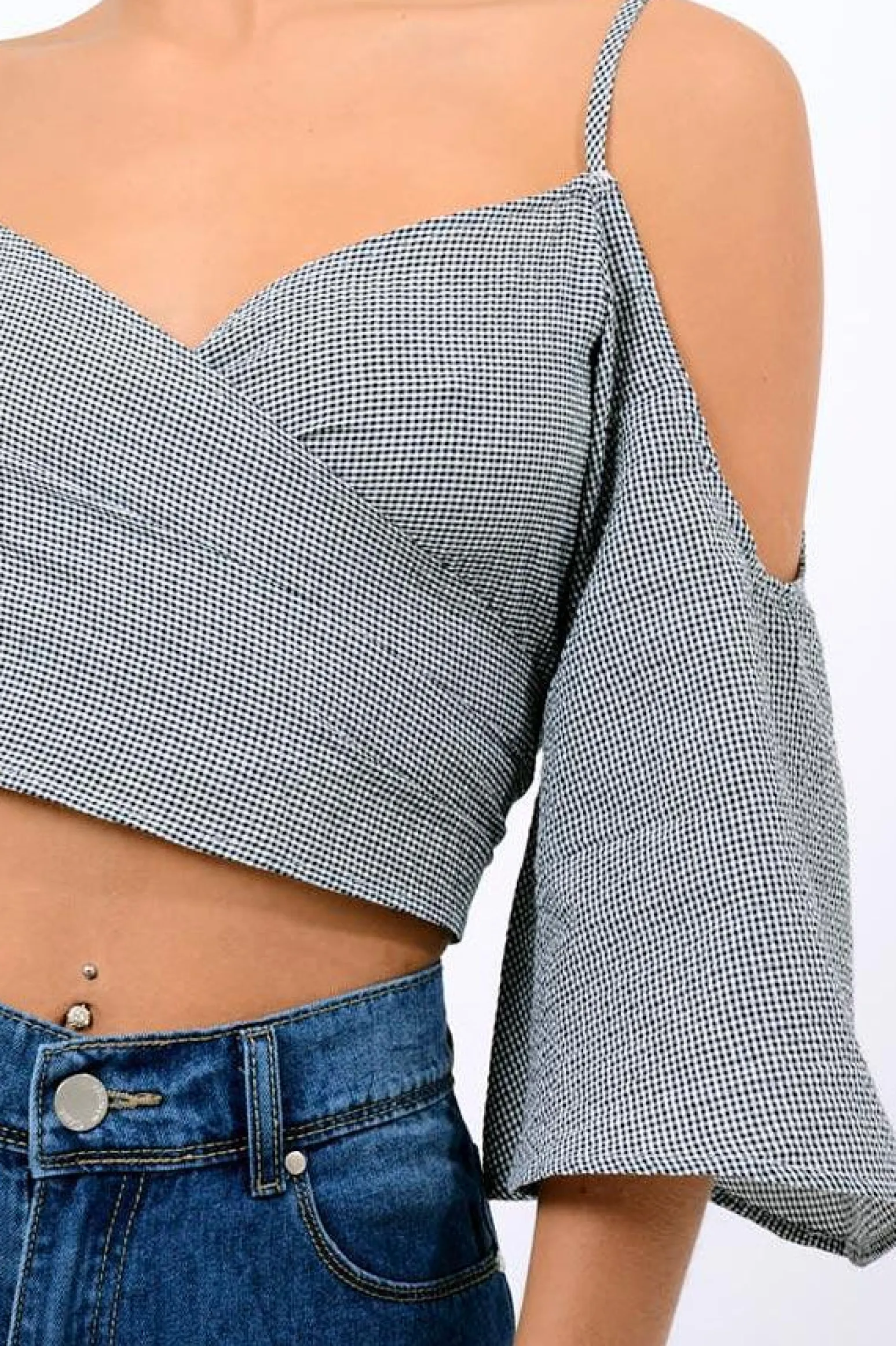 Rebellious Fashion Black Gingham Cold Shouler Tie Back Crop Top - Leela