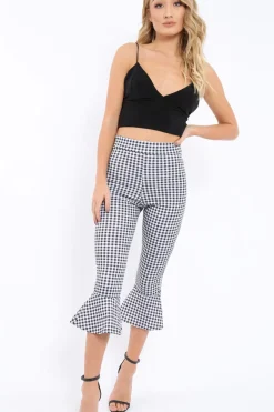 Rebellious Fashion Black Gingham Cropped Flare Hem Trousers - Aniesha