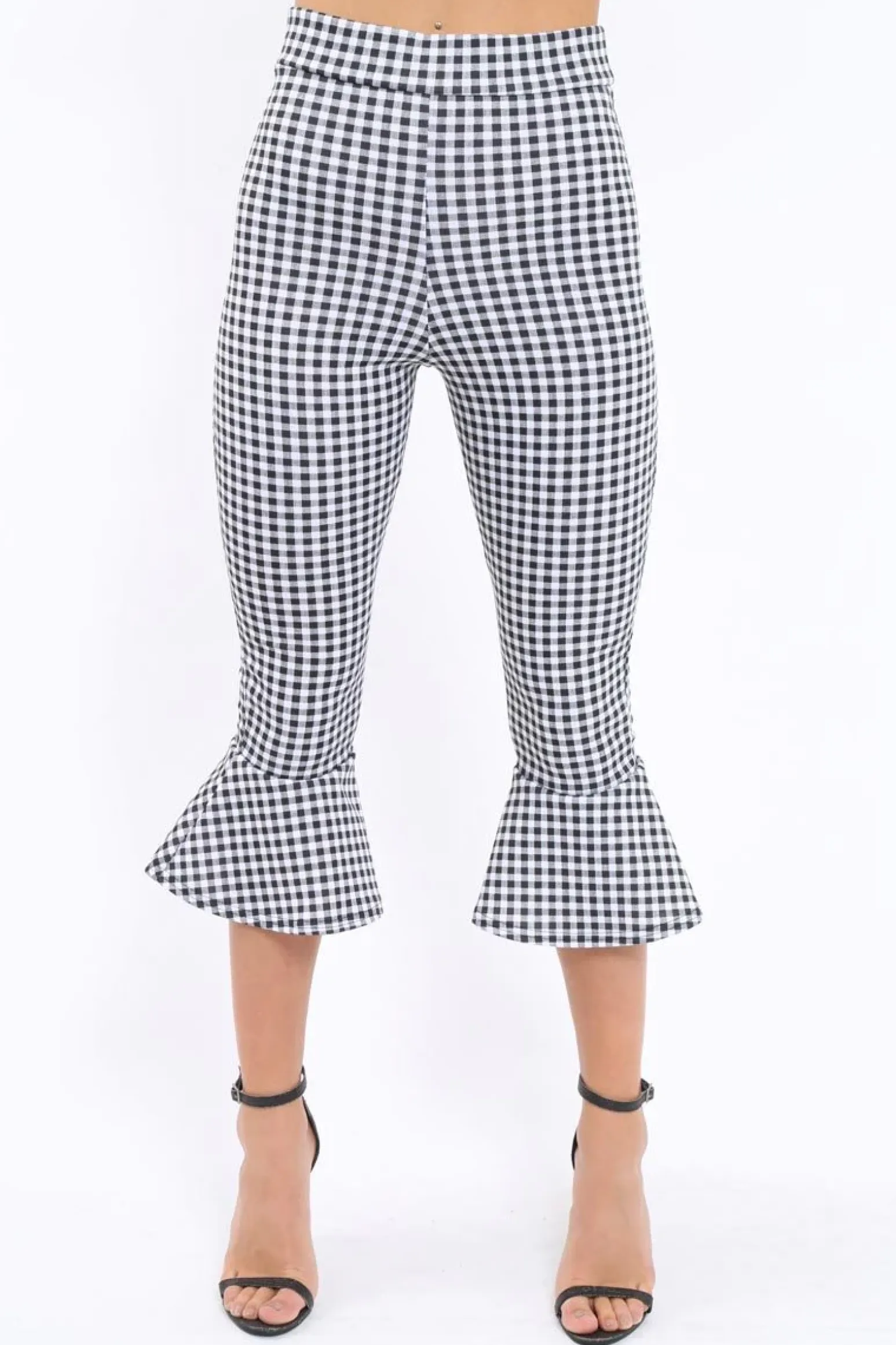 Rebellious Fashion Black Gingham Cropped Flare Hem Trousers - Aniesha