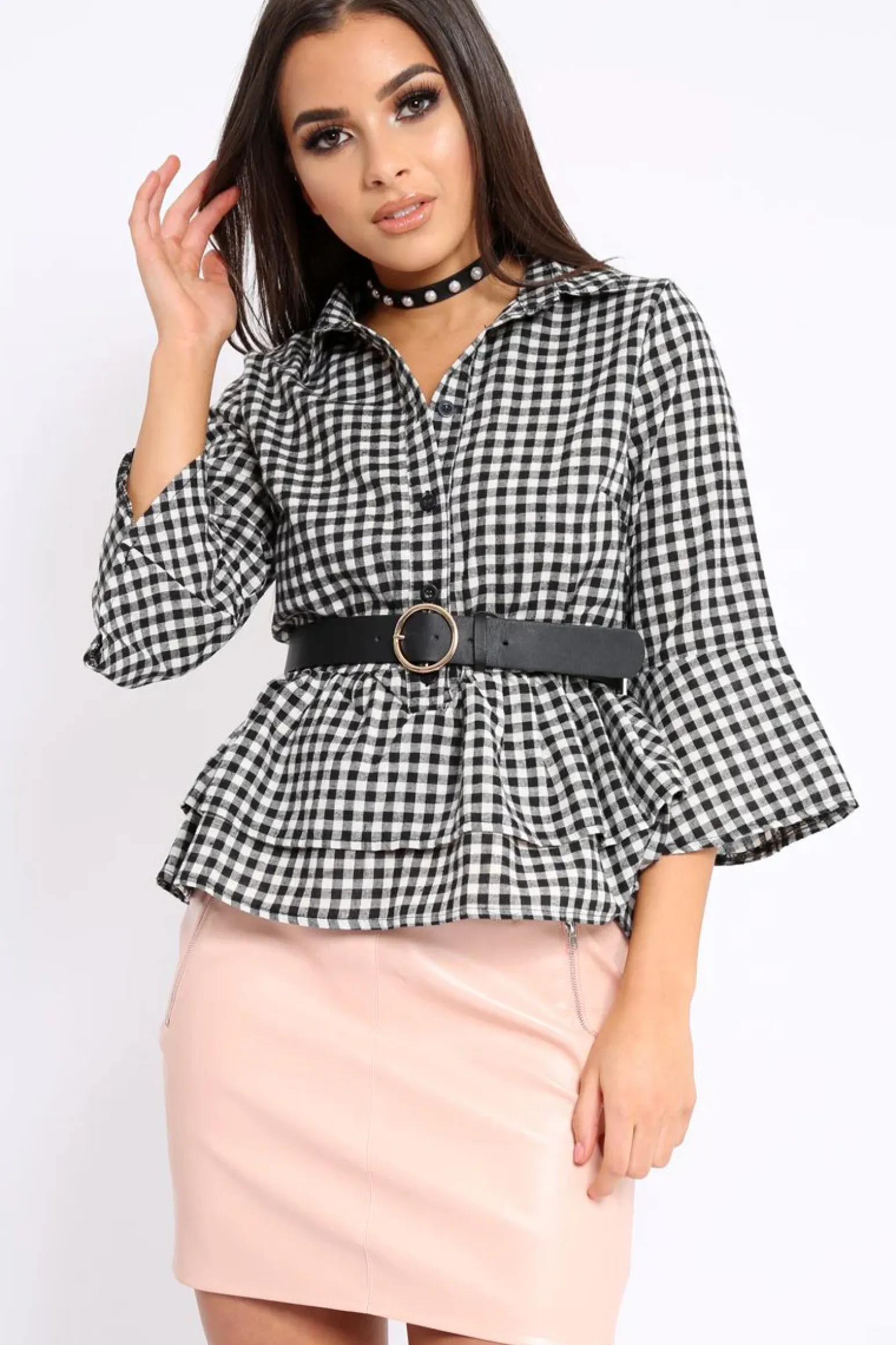 Rebellious Fashion Black Gingham Flare Sleeve Peplum Shirt - Kaya