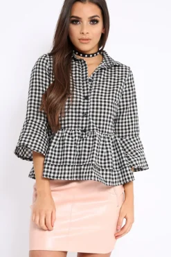 Rebellious Fashion Black Gingham Flare Sleeve Peplum Shirt - Kaya