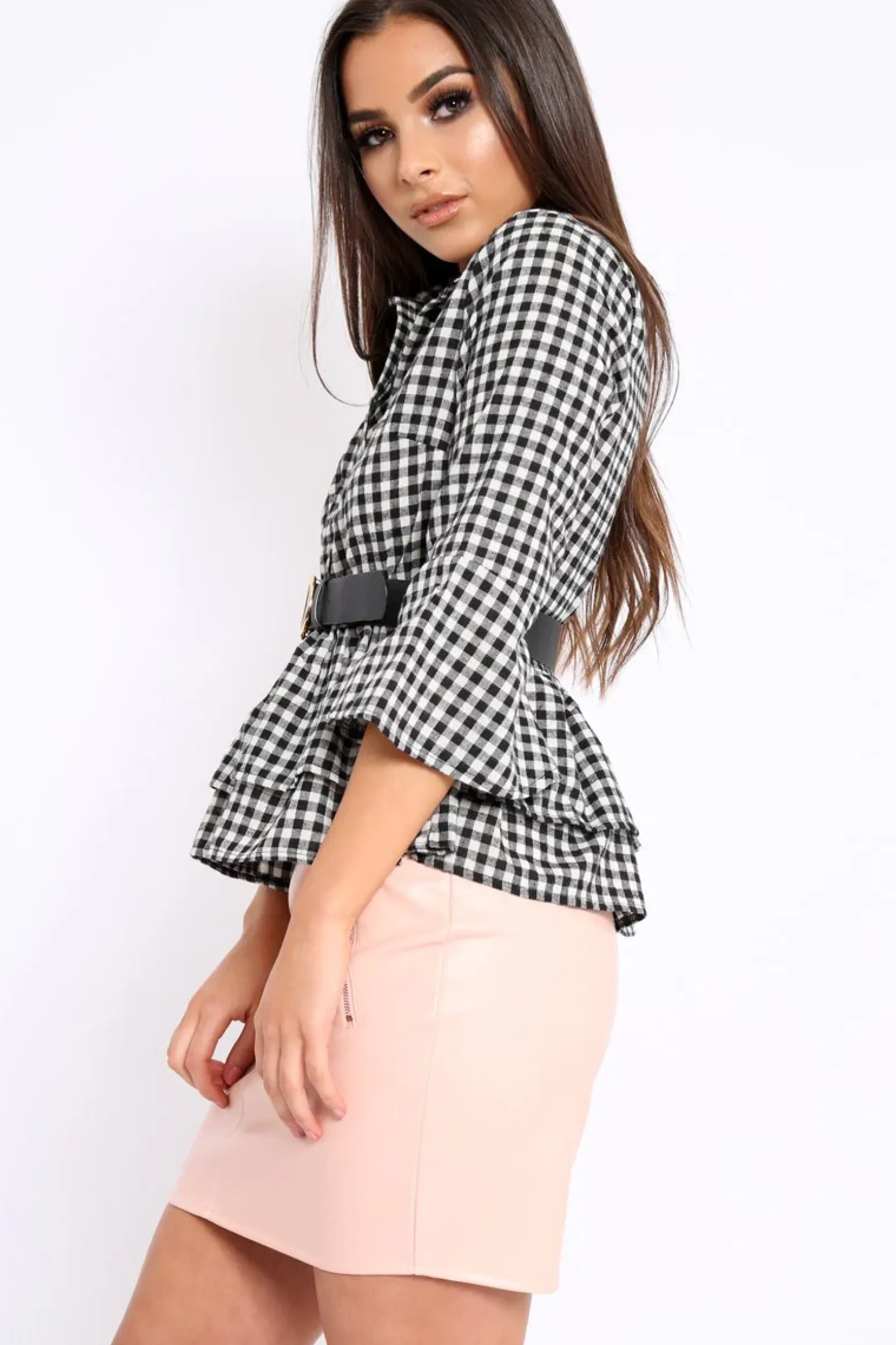Rebellious Fashion Black Gingham Flare Sleeve Peplum Shirt - Kaya