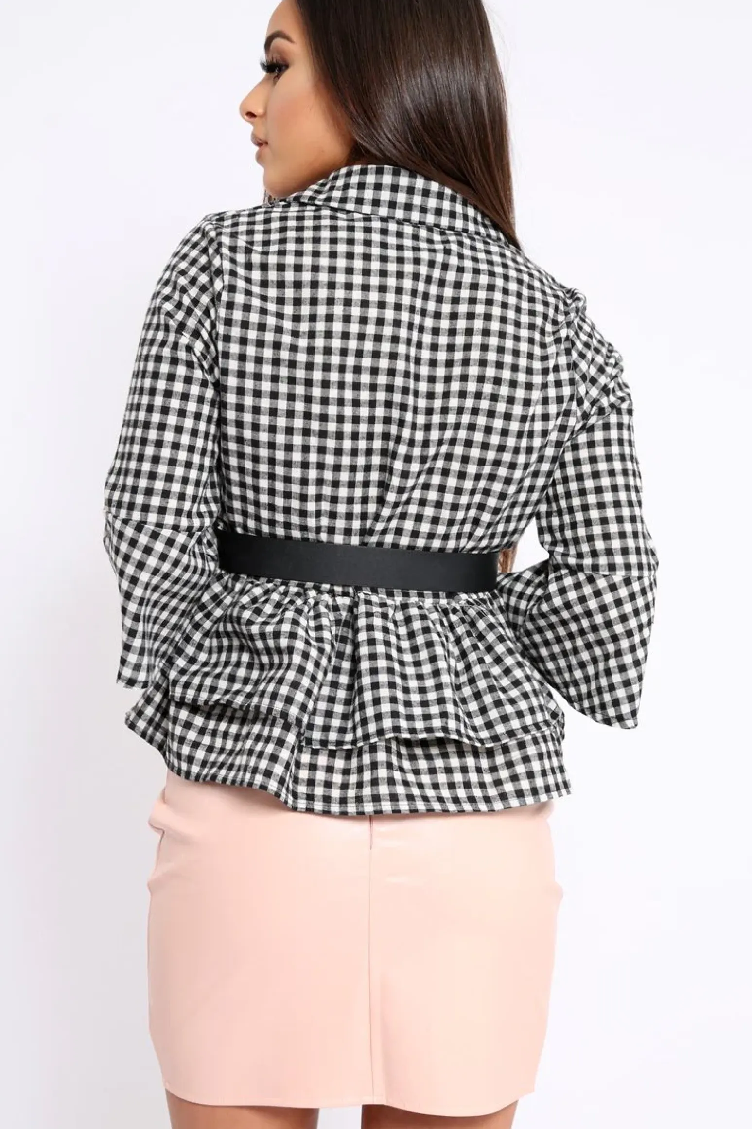 Rebellious Fashion Black Gingham Flare Sleeve Peplum Shirt - Kaya