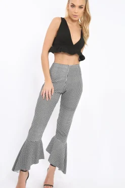 Rebellious Fashion Black Gingham Frill Hem Trousers - Payton