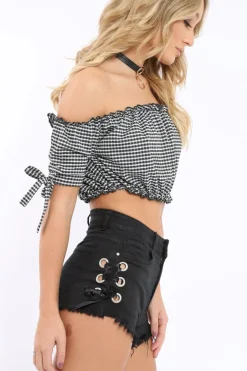 Rebellious Fashion Black Gingham Ruched Bardot Gypsy Crop Top - Janette