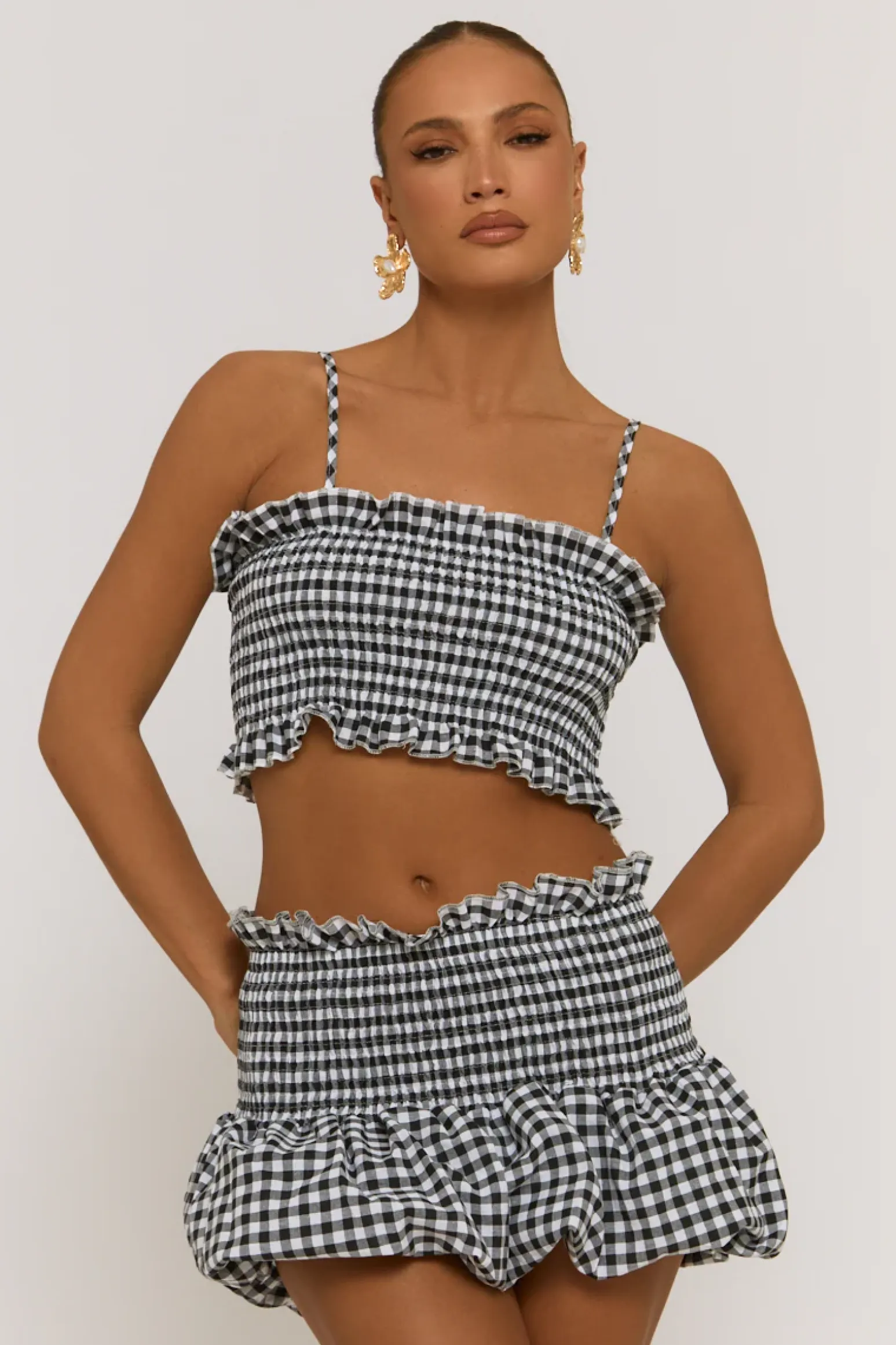 Rebellious Fashion Black Gingham Shirred Top and Mini Skirt Co-ord Set - Alyona