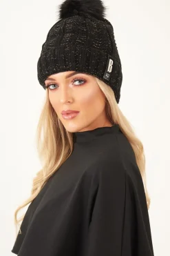 Rebellious Fashion Black Glitter Chunky Knit Bobble Hat - Rubie