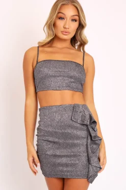 Rebellious Fashion Black Glitter Crop Top Ruffle Skirt Co-ord - Faith
