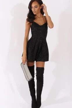 Rebellious Fashion Black Glitter Cross Back Strappy Playsuit - Jaclyn