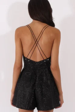 Rebellious Fashion Black Glitter Cross Back Strappy Playsuit - Jaclyn